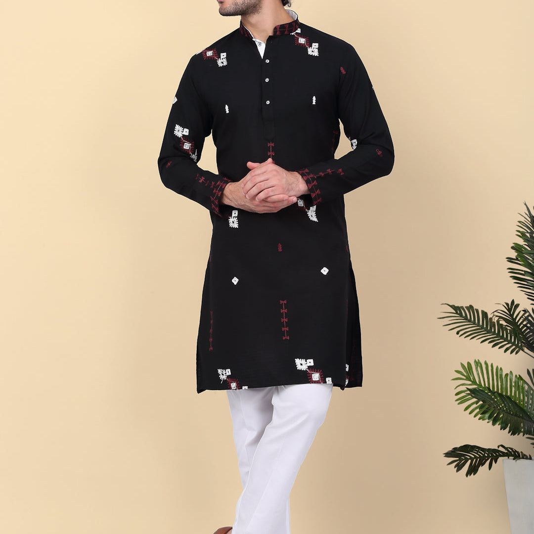 LUXE- Linen Ethnic Motif Embroidered Regular Straight Kurta