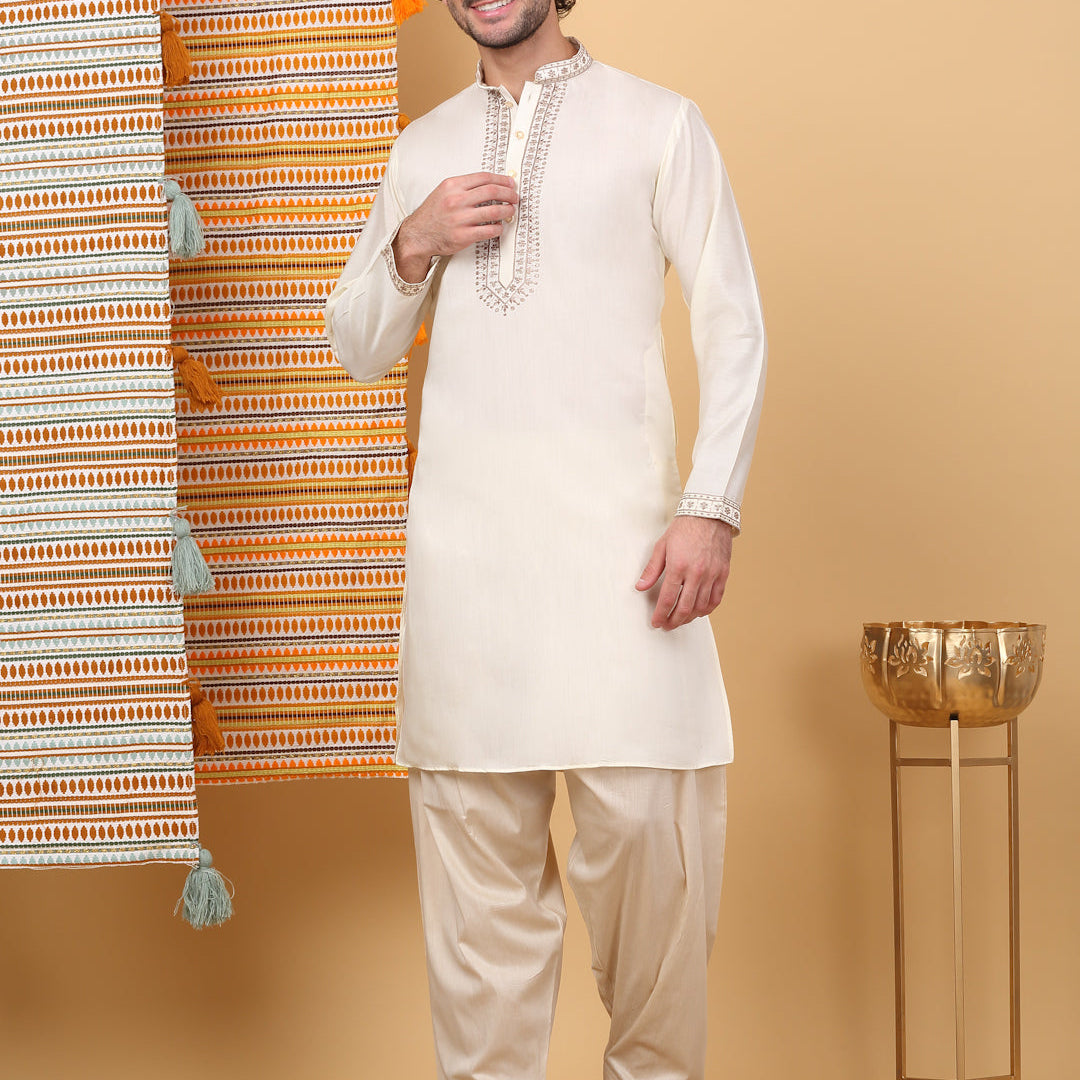 LUXE Cotton Silk Ethnic Motif Embroidered Neckline Regular Straight Kurta