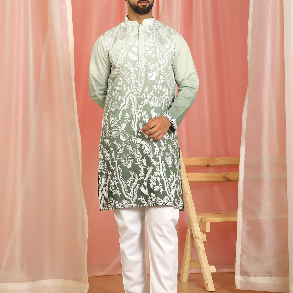 Men's Ombre Embroidered Cotton Silk Straight Kurta with Trouser Set - Mehndi