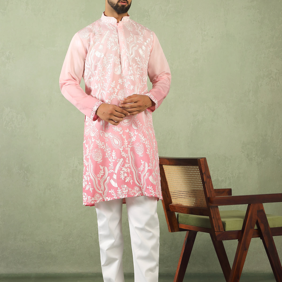 Men's Ombre Embroidered Cotton Silk Straight Kurta with Trouser Set - Pink