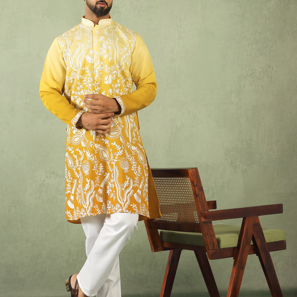 Men's Ombre Embroidered Cotton Silk Straight Kurta with Trouser Set - Yellow