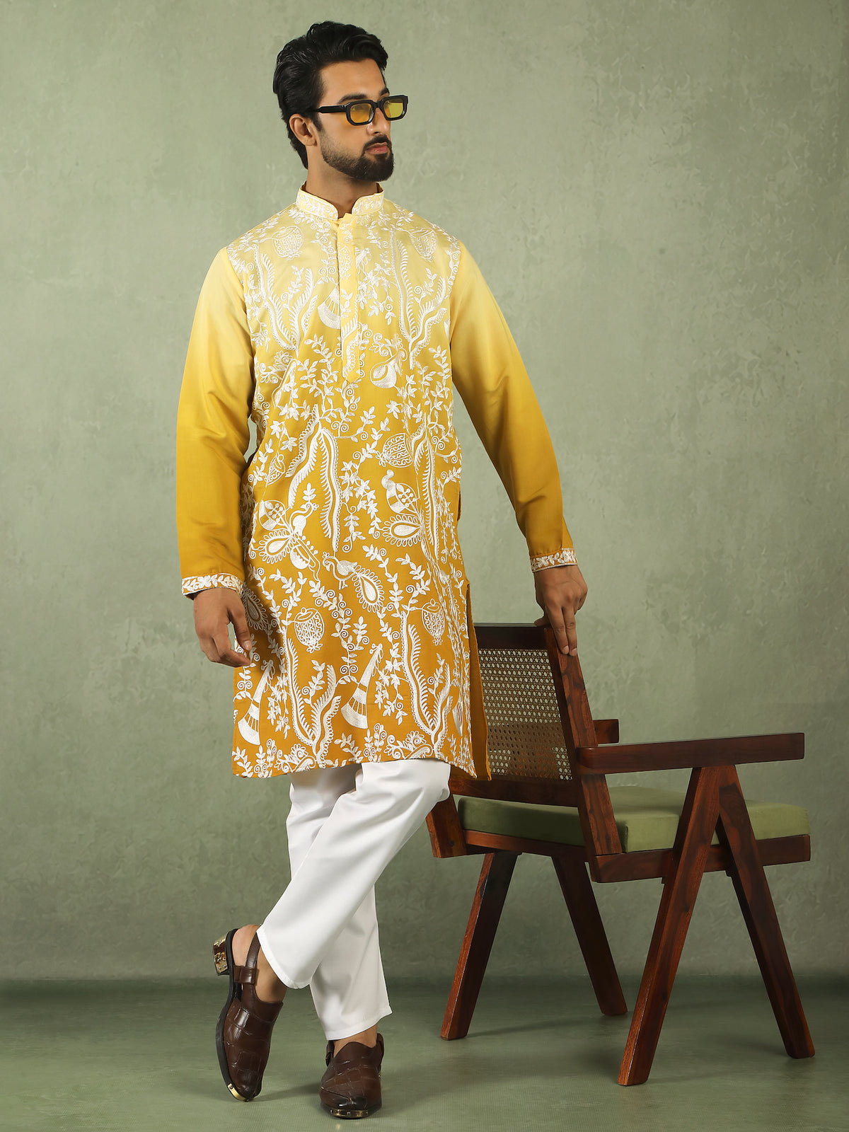 Men's Ombre Embroidered Cotton Silk Straight Kurta with Trouser Set - Yellow