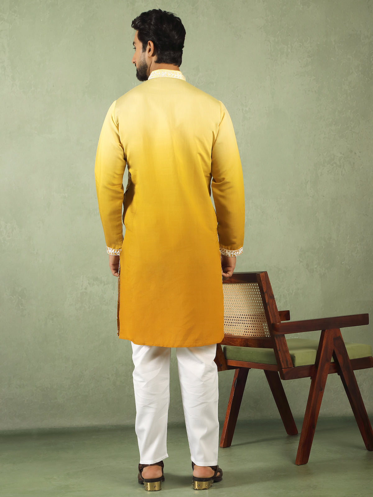 Men Ombre Embroidered Cotton Silk Kurta - Yellow