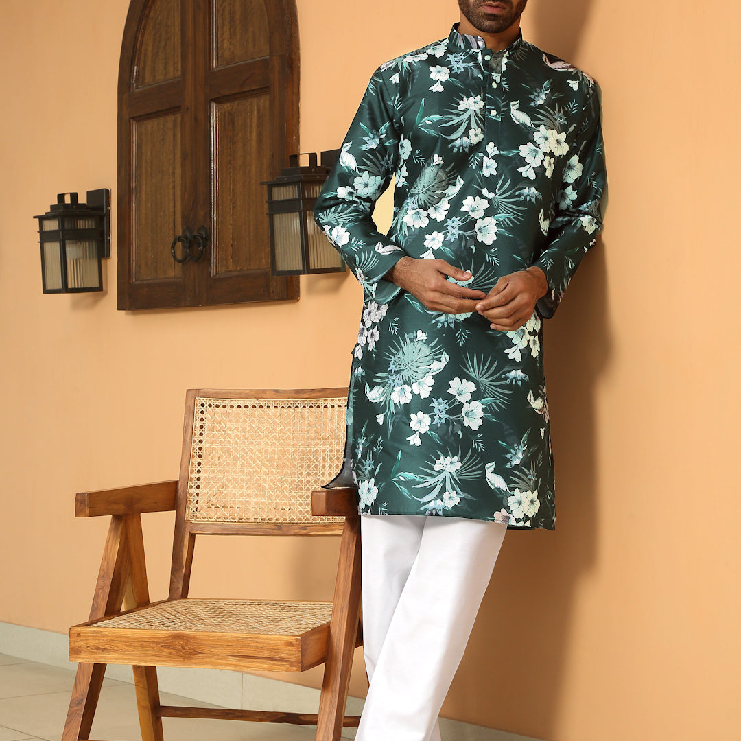 Silk Blend Floral Print Kurta with white Elastic waistband Pyjama set
