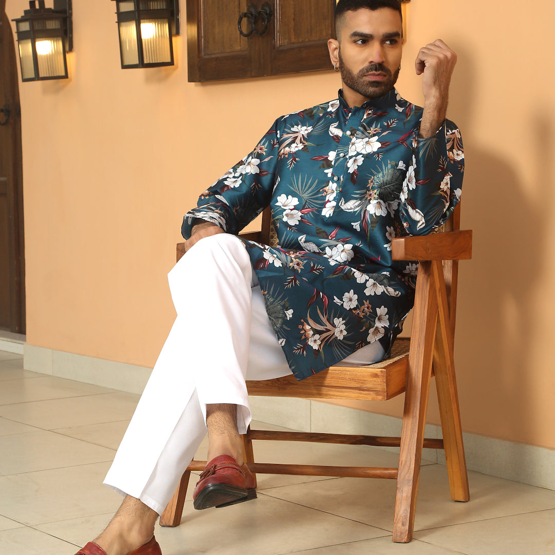 Silk Blend Floral Print Kurta with white Elastic waistband Pyjama set