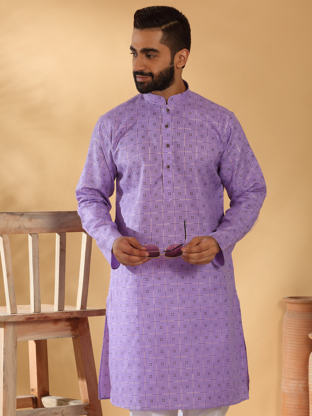 Floral Printed Geometric Cotton Blend Straight Kurta