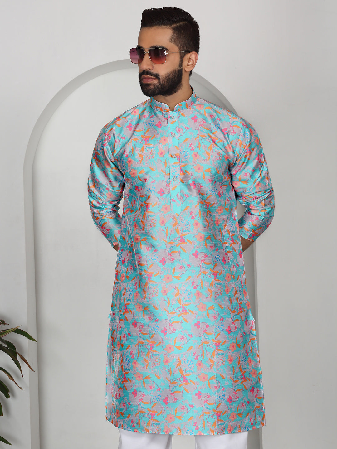 Silk Blend Floral Printed Straight Kurta