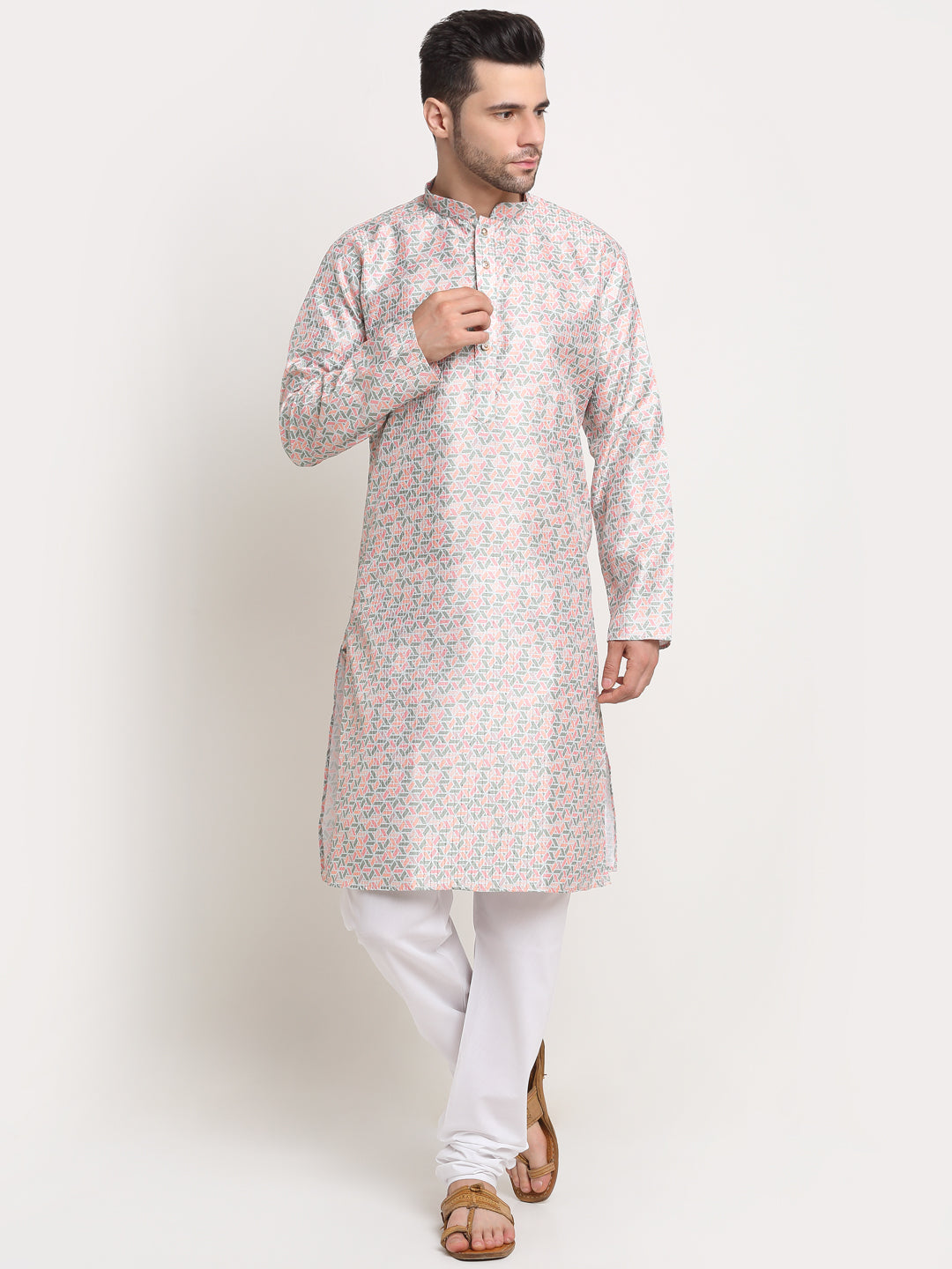 Men's Thread Work Sequence Kurta & White Churidar Set