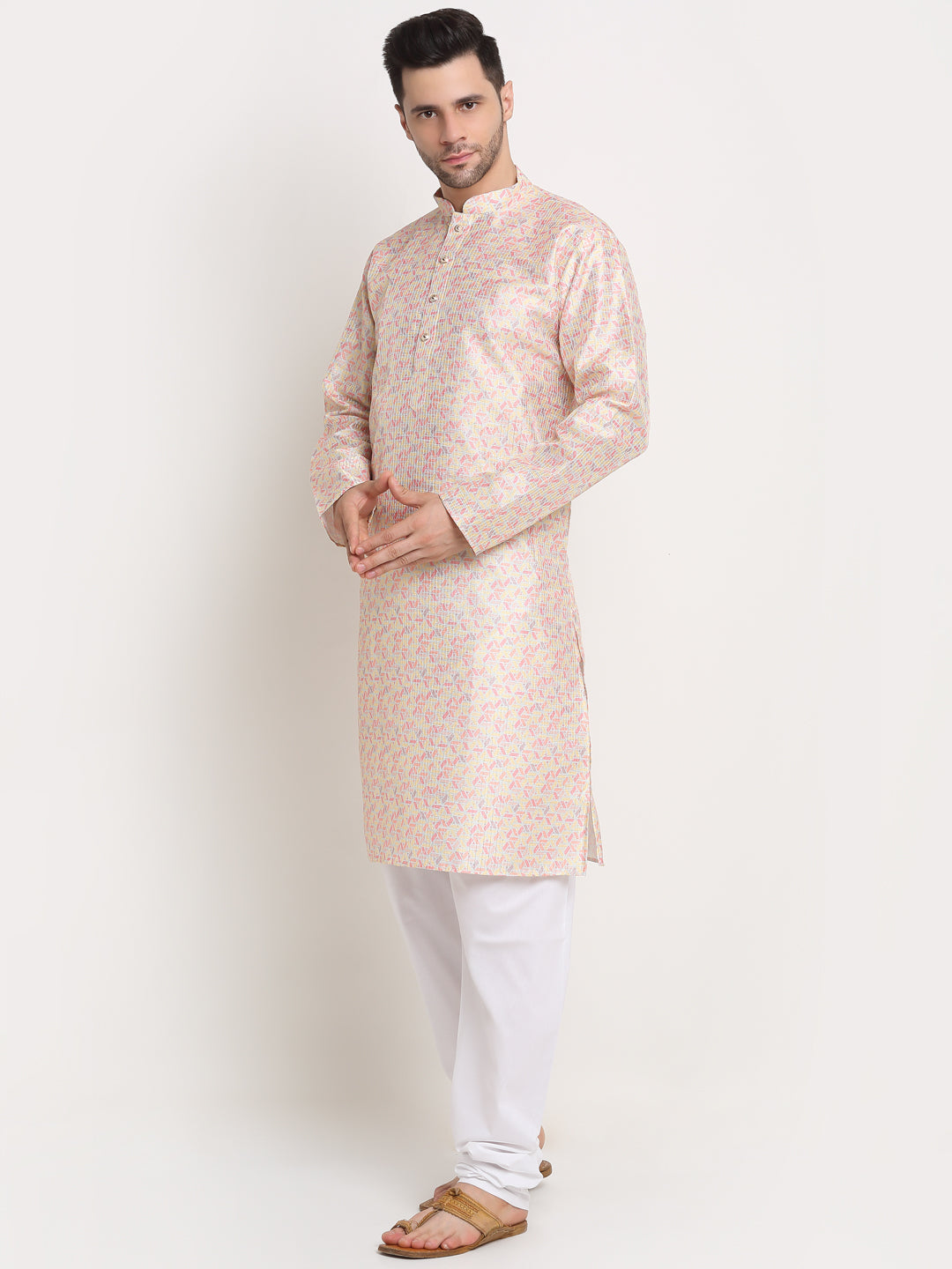 Men's Thread Work Sequence Kurta & White Churidar Set