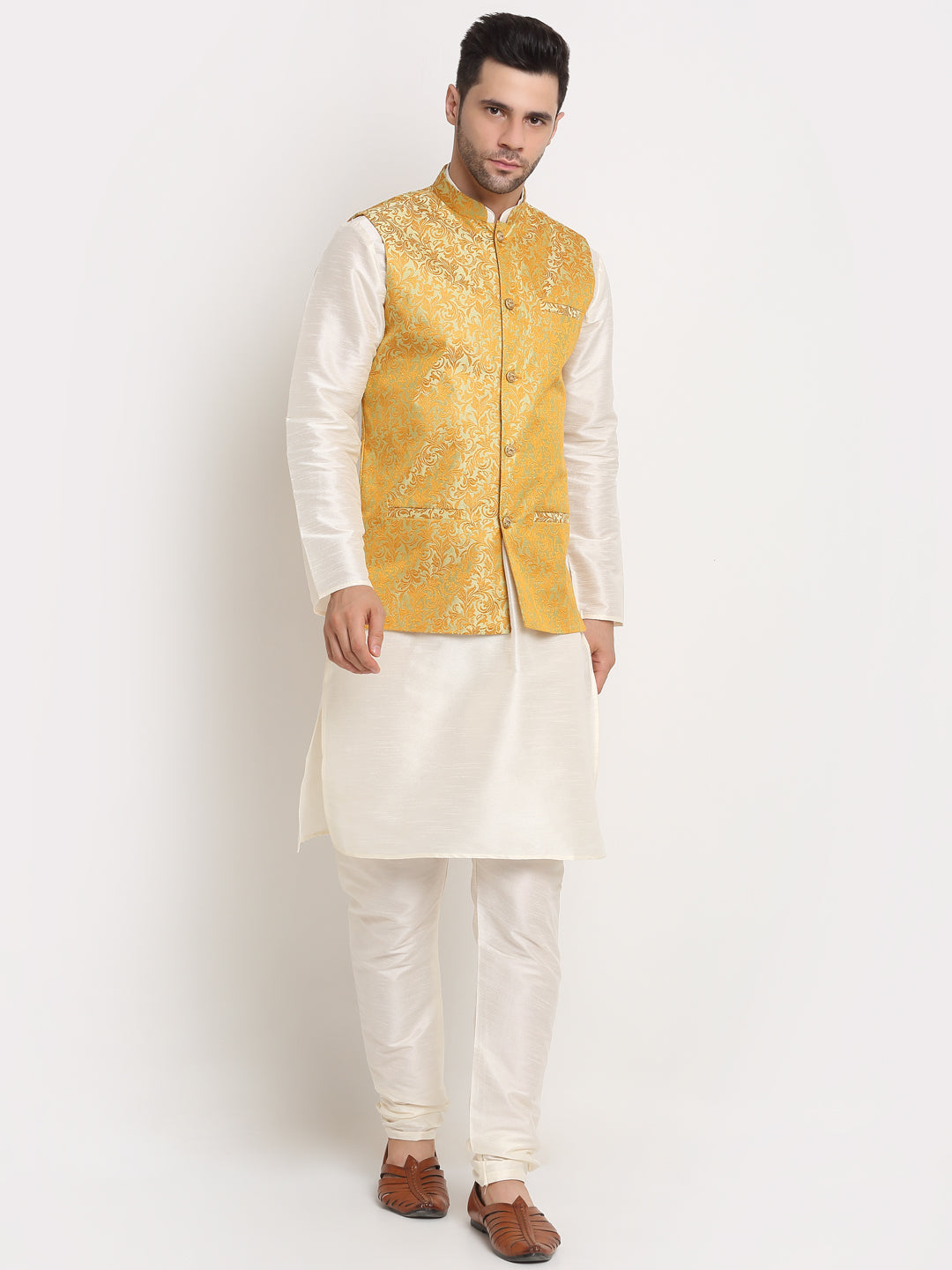 Mens Cream Silk Blend Kurta and Churidar with Woven Nehru Jacket