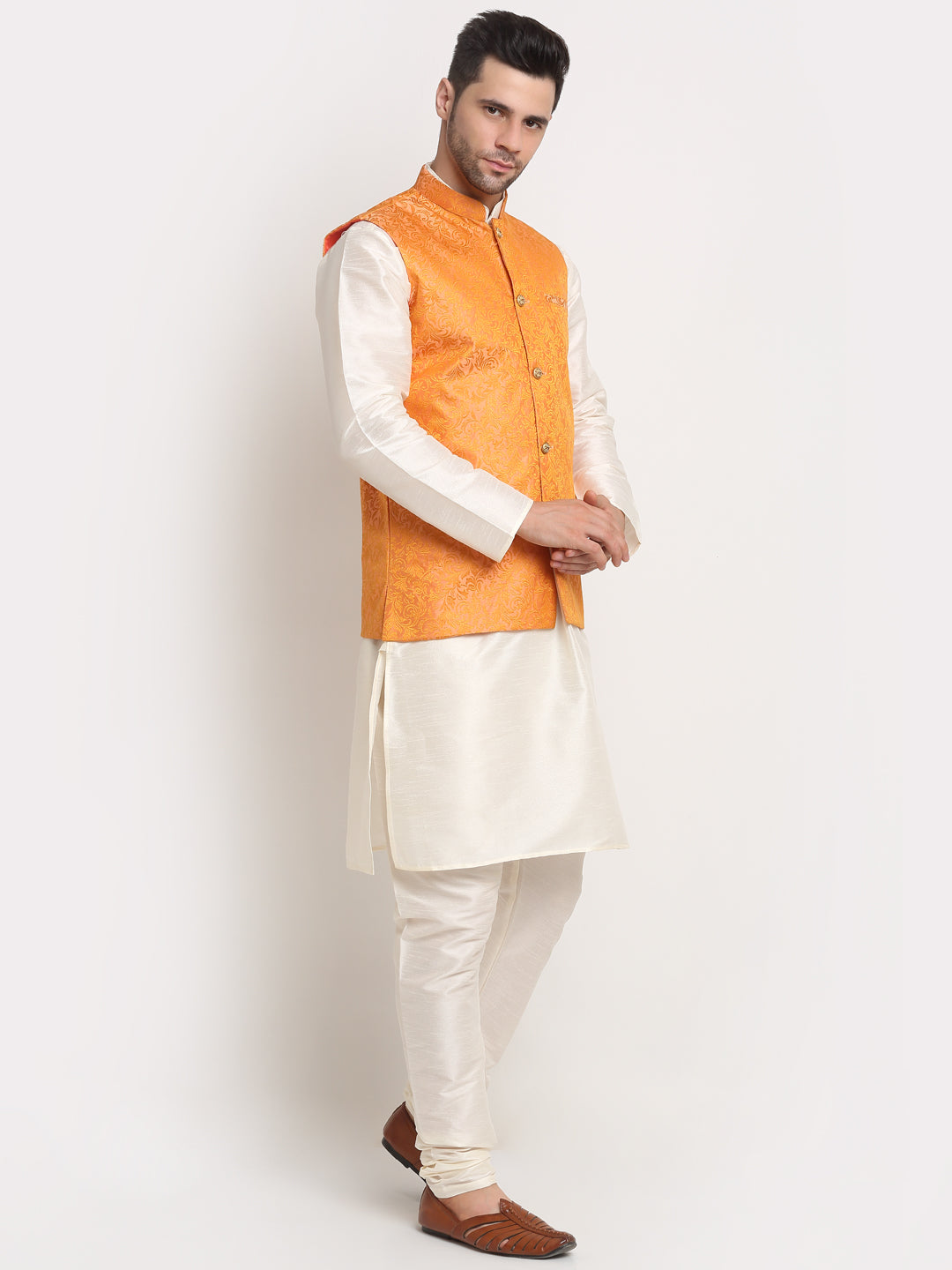 Mens Cream Silk Blend Kurta and Churidar with Woven Nehru Jacket