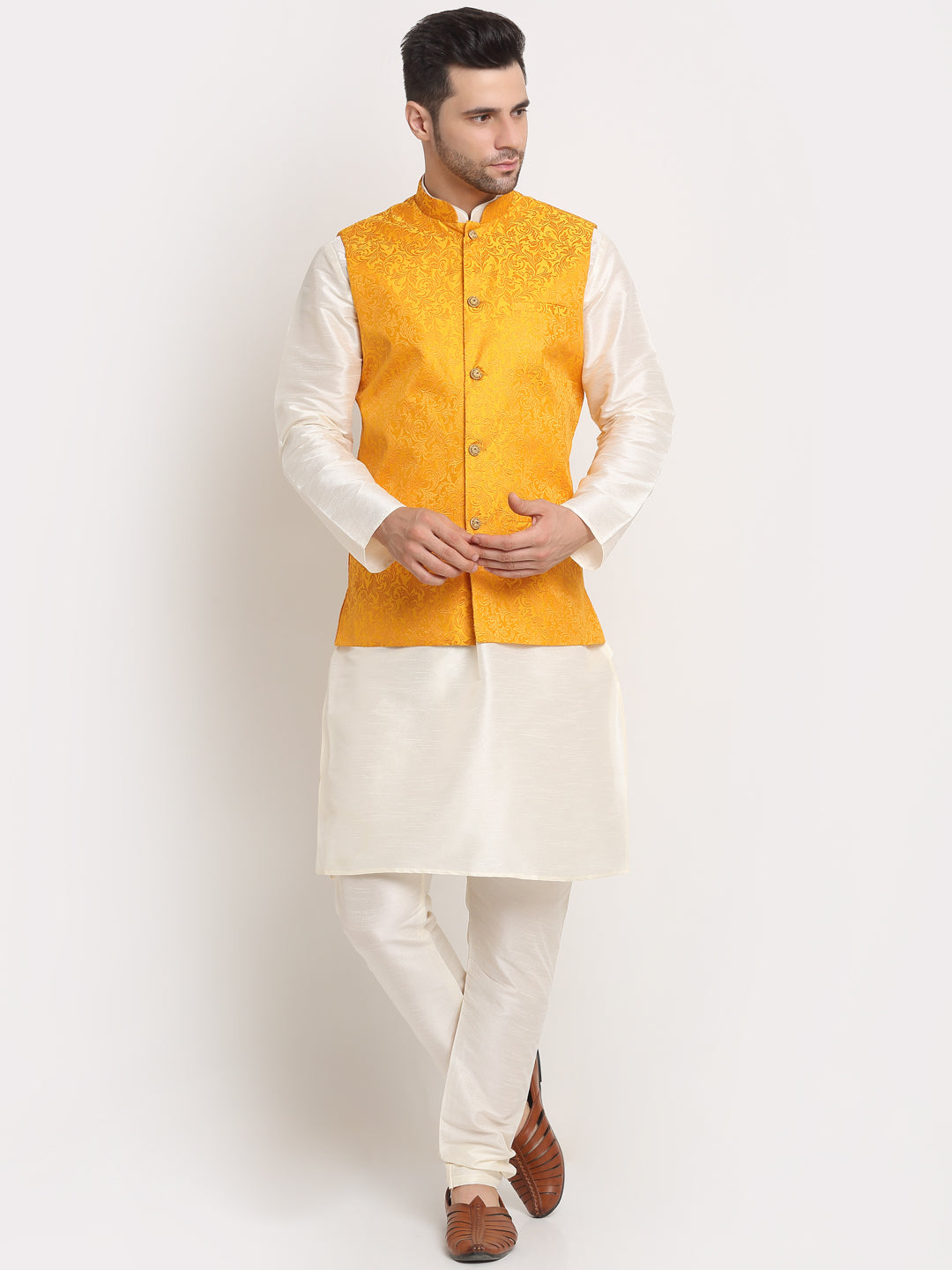 Mens Cream Silk Blend Kurta and Churidar with Woven Nehru Jacket