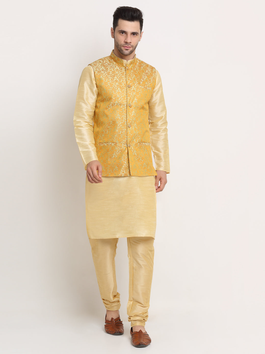 Men's Beige Silk Blend Kurta and Churidar with Woven Nehru Jacket