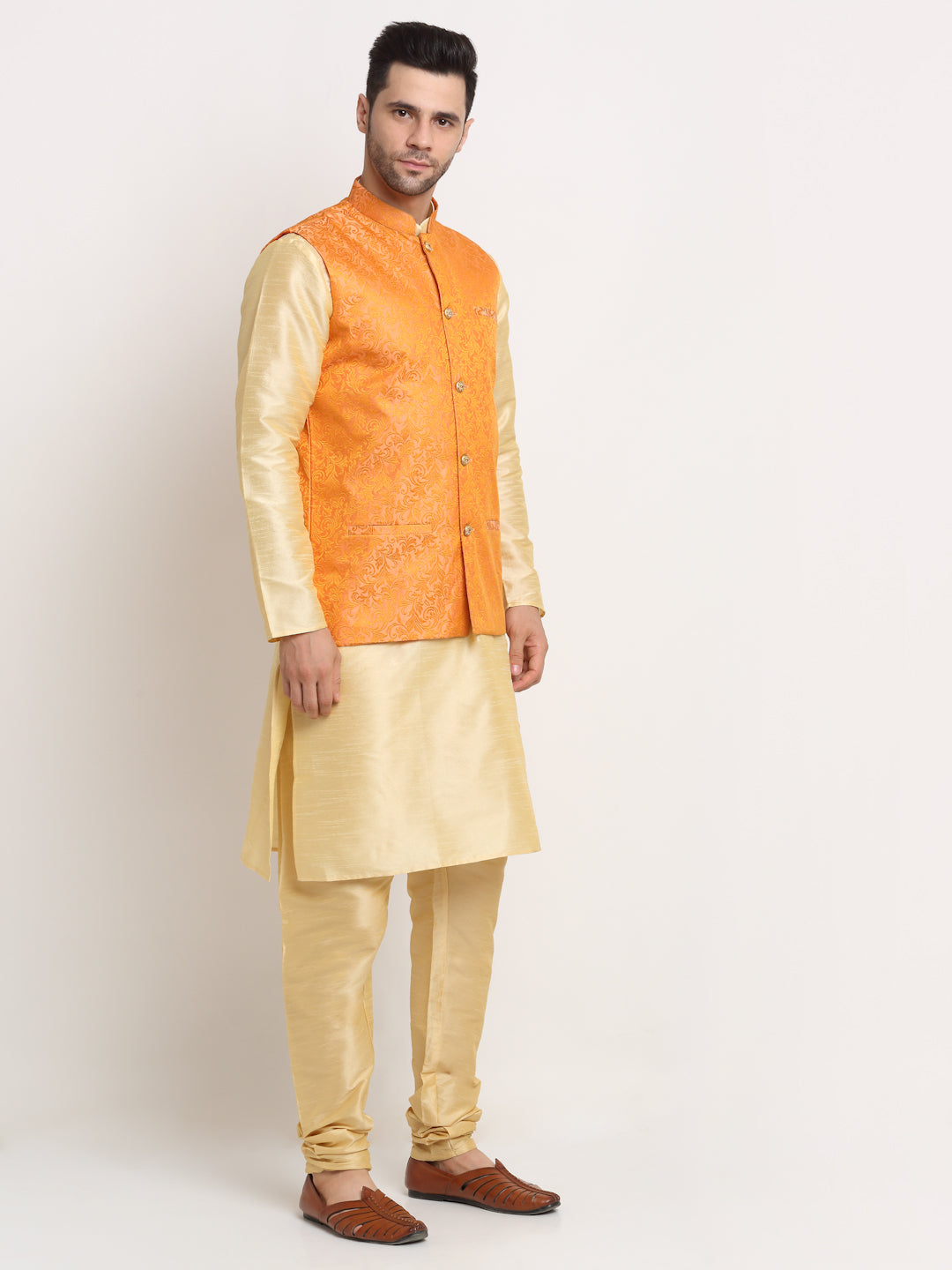 Men's Beige Silk Blend Kurta and Churidar with Woven Nehru Jacket