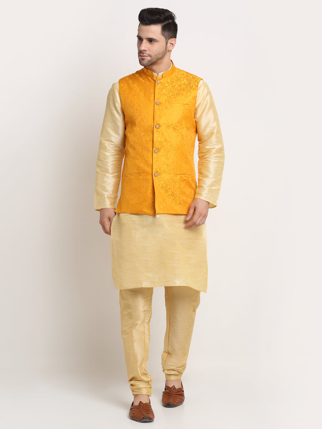 Men's Beige Silk Blend Kurta and Churidar with Woven Nehru Jacket