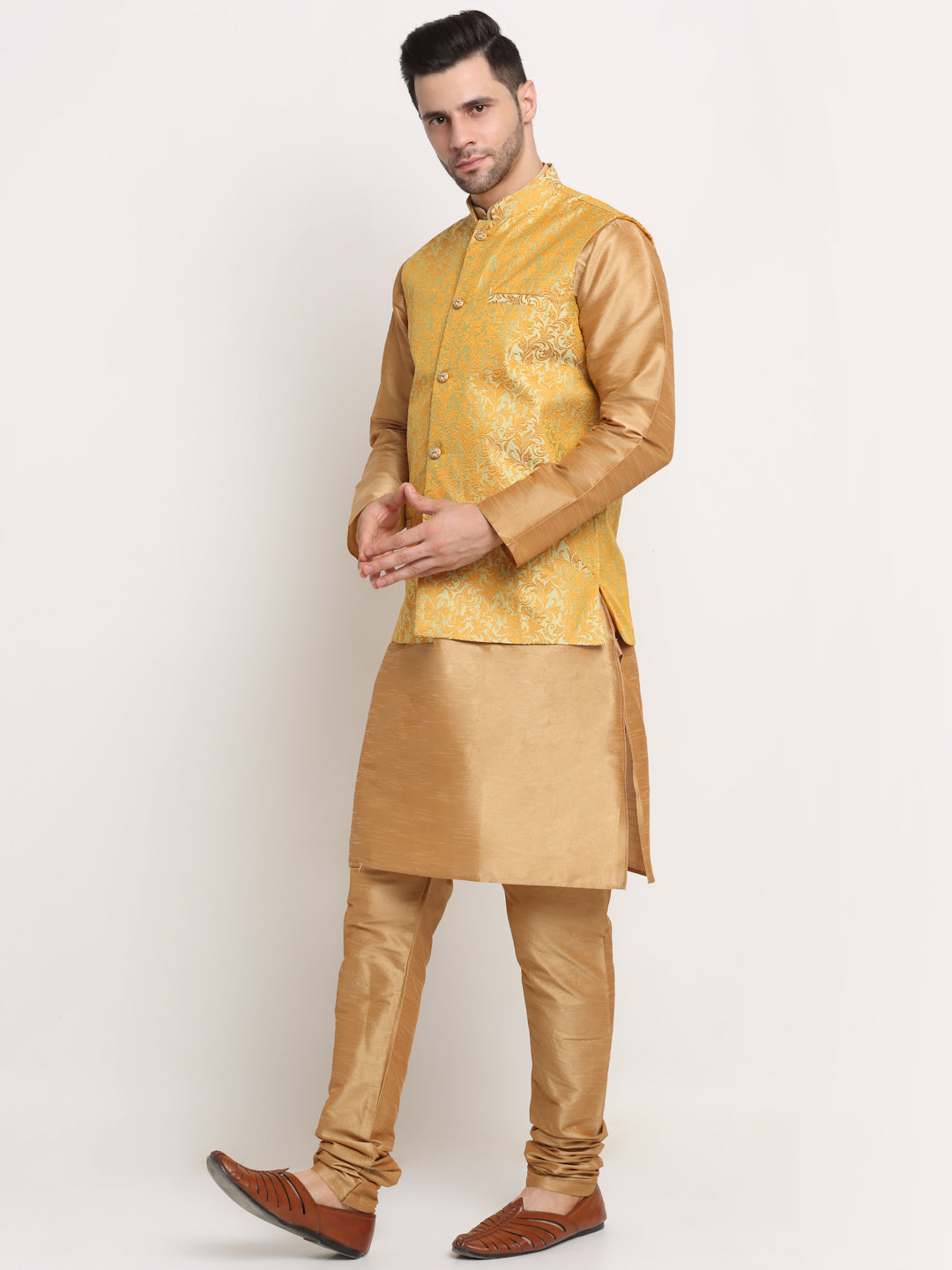 Mens Gold Silk Blend Kurta and Churidar with Woven Nehru Jacket