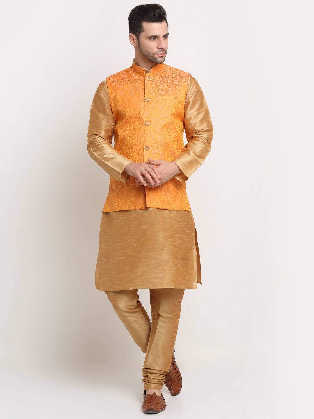 Mens Gold Silk Blend Kurta and Churidar with Woven Nehru Jacket