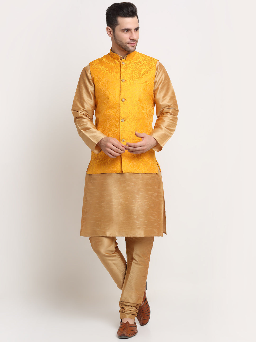Mens Gold Silk Blend Kurta and Churidar with Woven Nehru Jacket