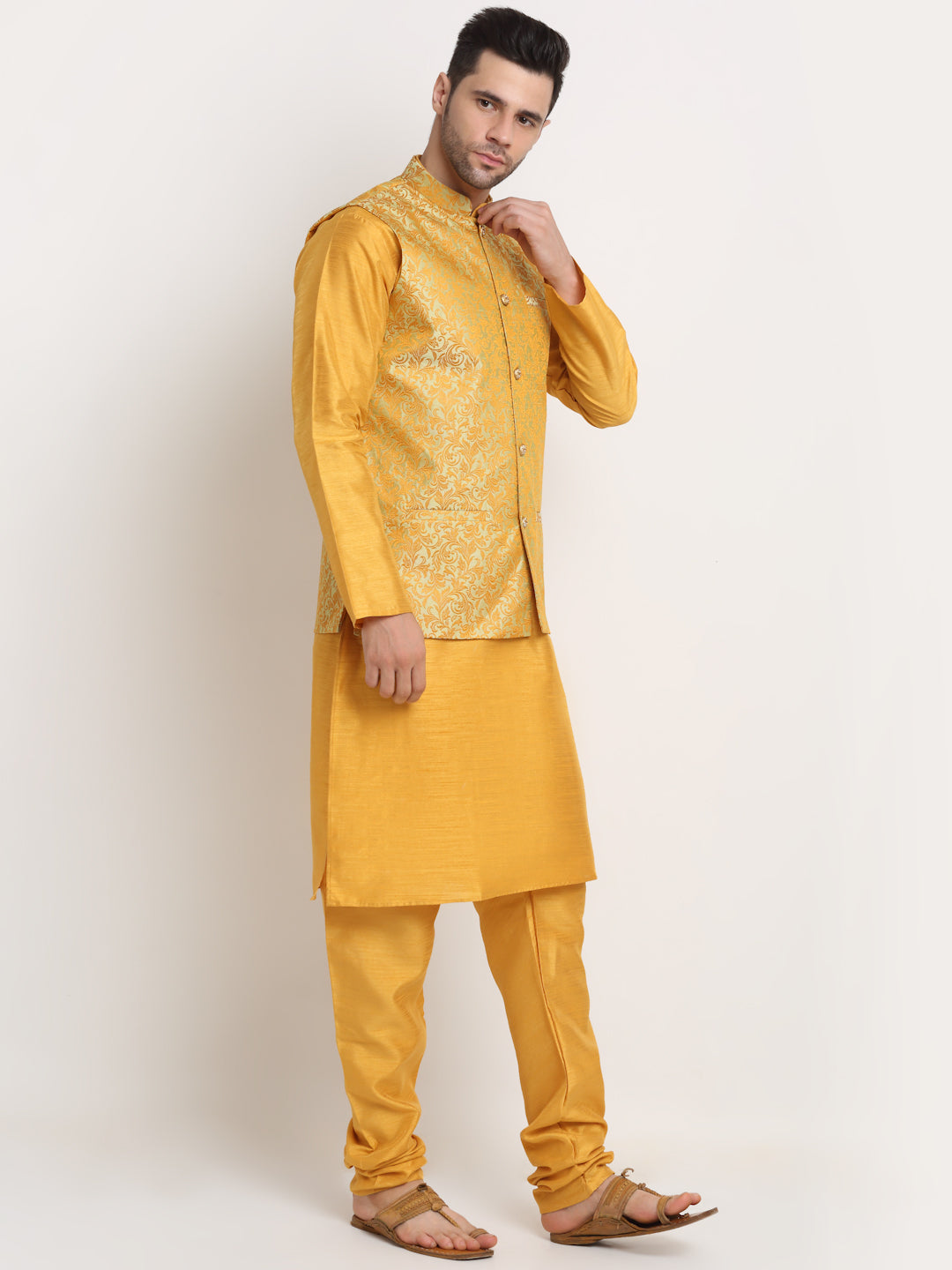 Mens Mustard Silk Blend Kurta and Churidar with Woven Nehru Jacket