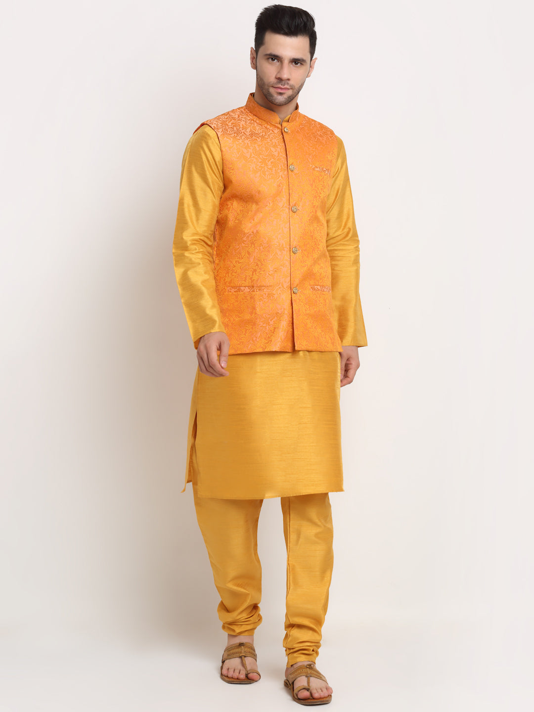 Mens Mustard Silk Blend Kurta and Churidar with Woven Nehru Jacket