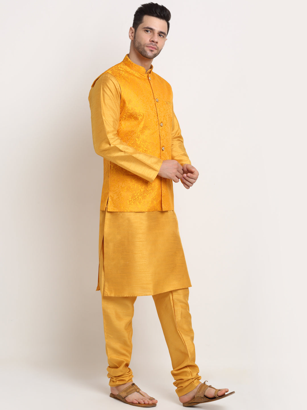 Mens Mustard Silk Blend Kurta and Churidar with Woven Nehru Jacket