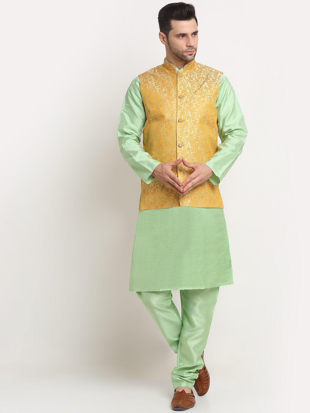 Mens Sea Green Silk Blend Kurta and Churidar with Woven Pista Nehru Jacket