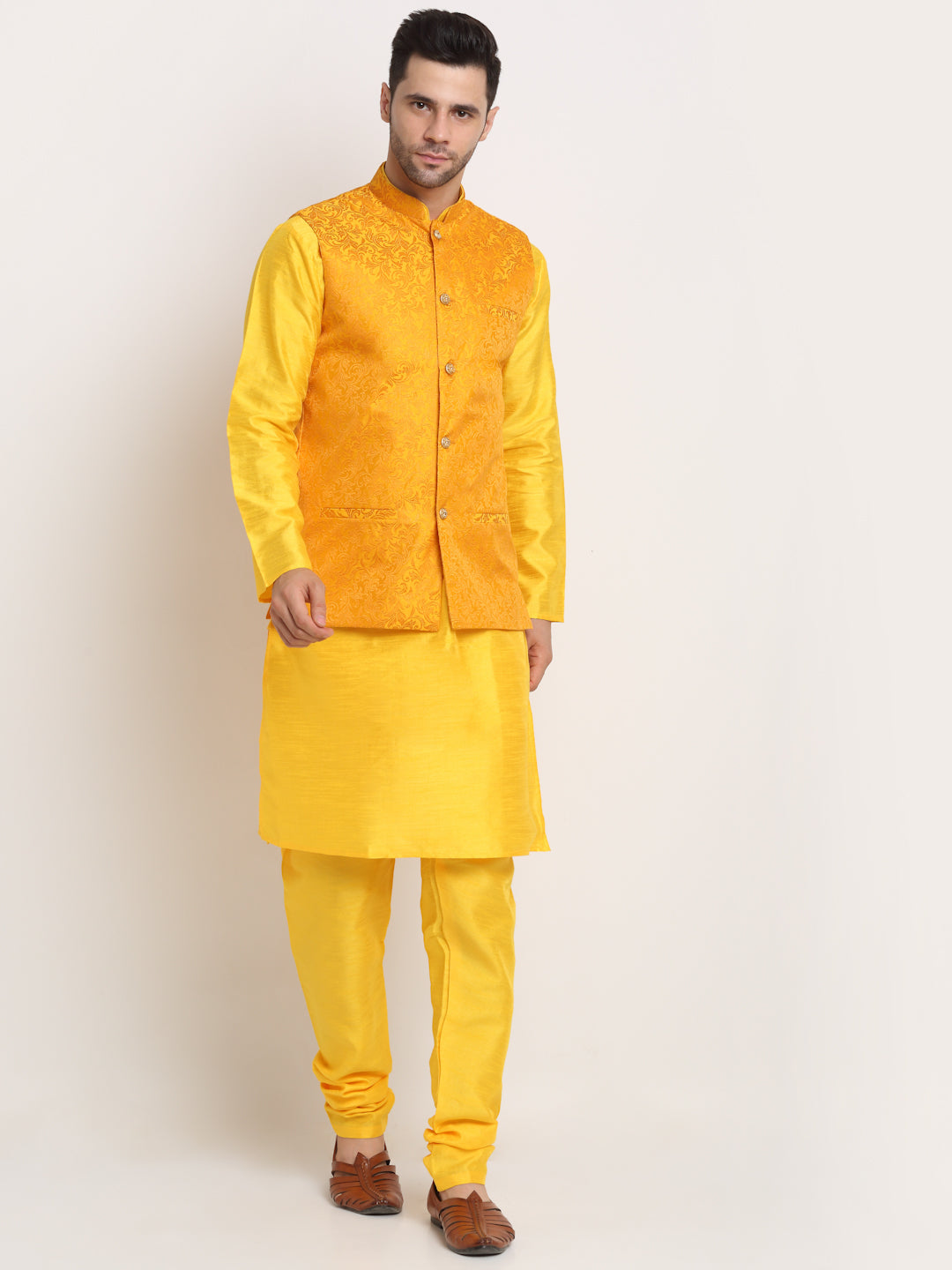 Mens Yellow Silk Blend Kurta and Churidar with Woven Yellow Nehru Jacket