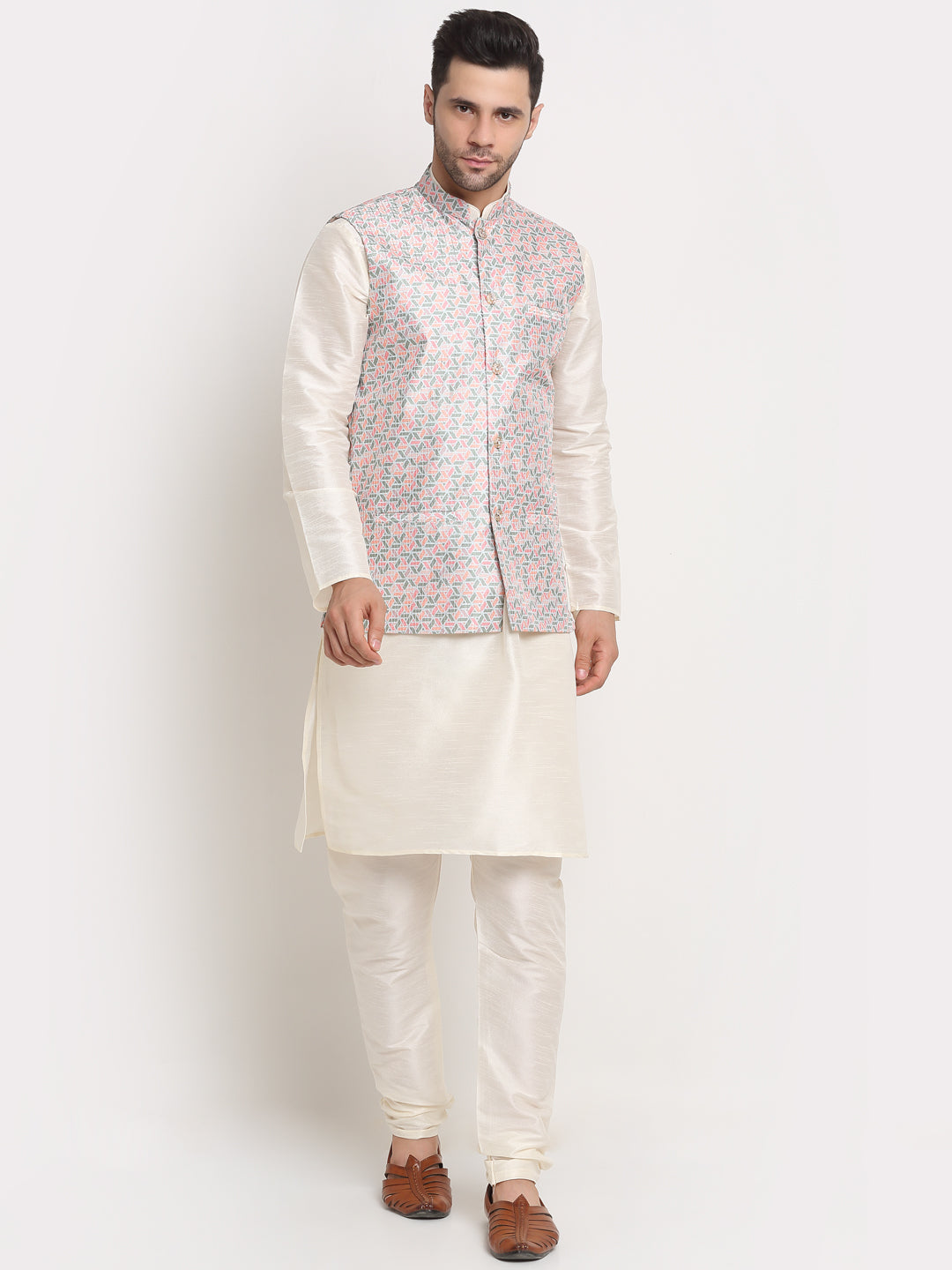 KRAFT INDIA Men's Cream Silk Blend Kurta and Churidar with Embroidered Nehru Jacket
