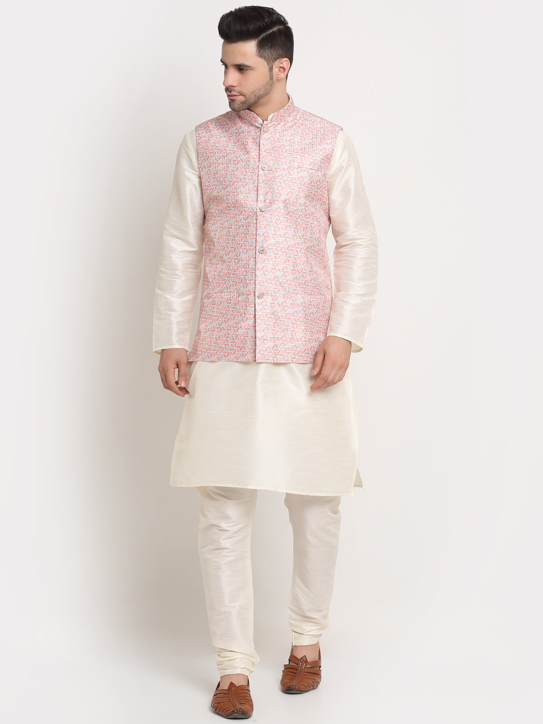 KRAFT INDIA Men's Cream Silk Blend Kurta and Churidar with Embroidered Nehru Jacket