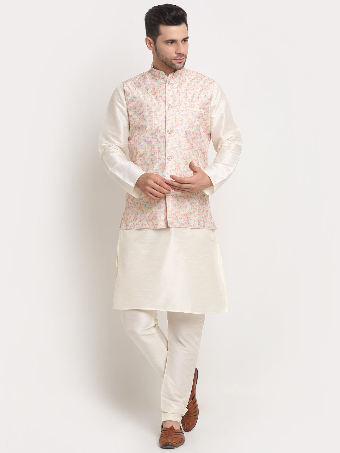 KRAFT INDIA Men's Cream Silk Blend Kurta and Churidar with Embroidered Nehru Jacket