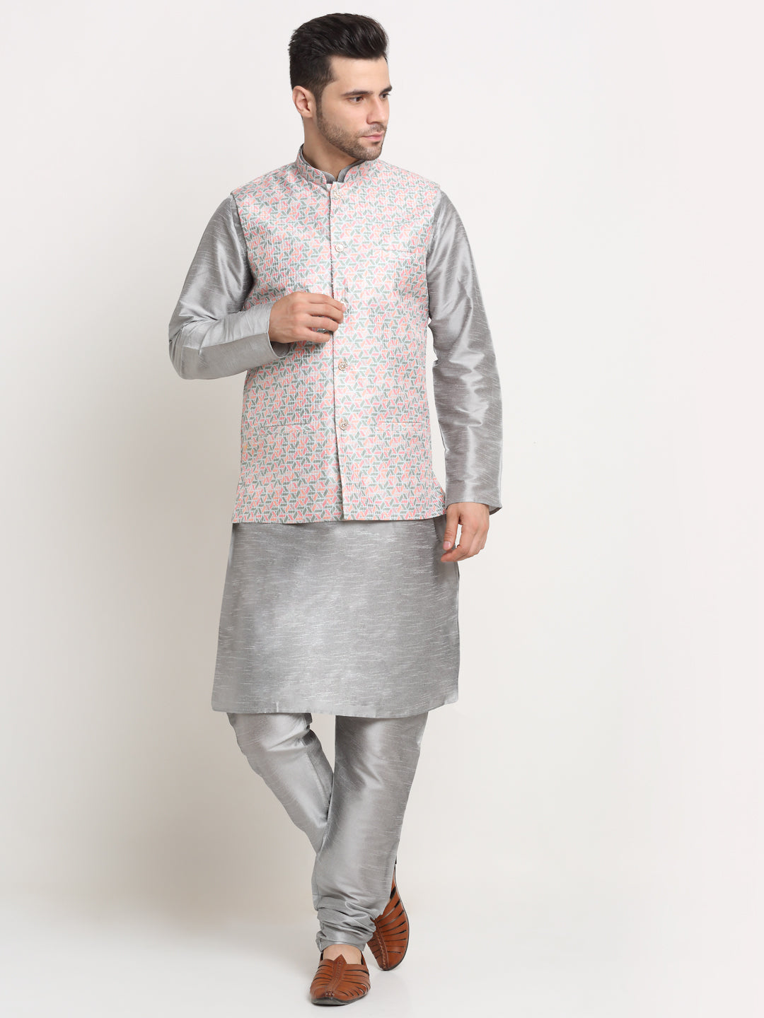 KRAFT INDIA Mens Silver Silk Blend Kurta and churidar with embroided Nehru jacket