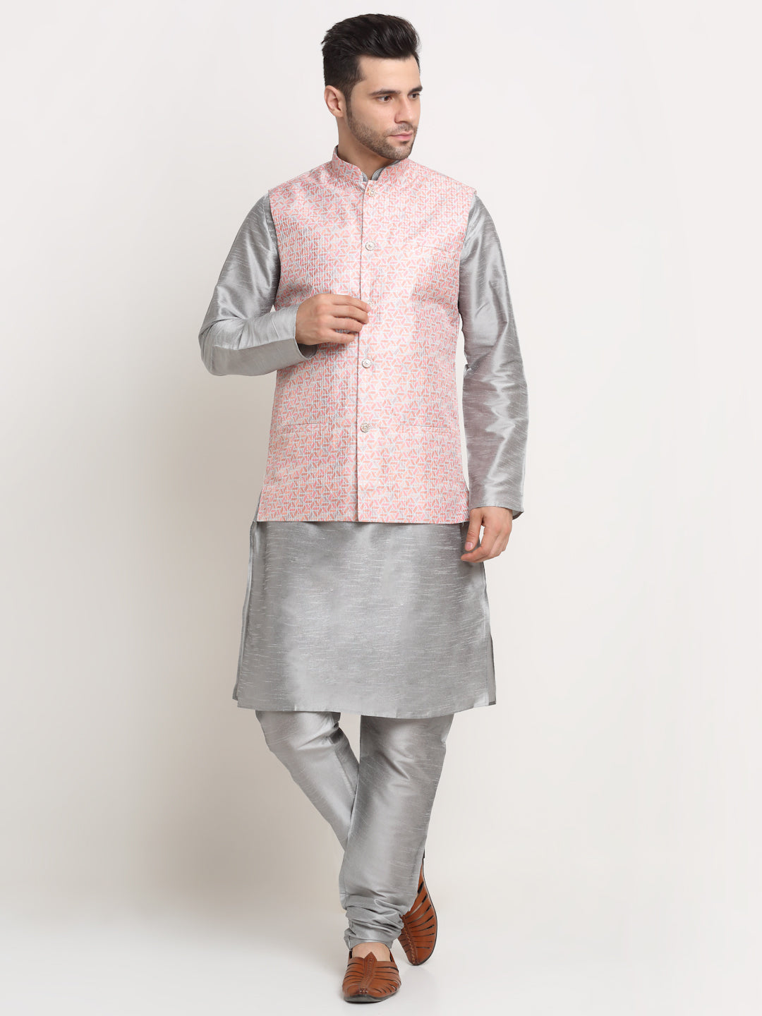 KRAFT INDIA Mens Silver Silk Blend Kurta and churidar with embroided Nehru jacket