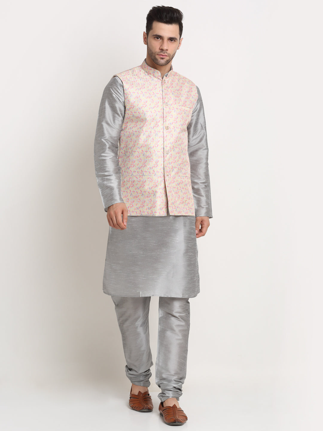 KRAFT INDIA Mens Silver Silk Blend Kurta and churidar with embroided Nehru jacket