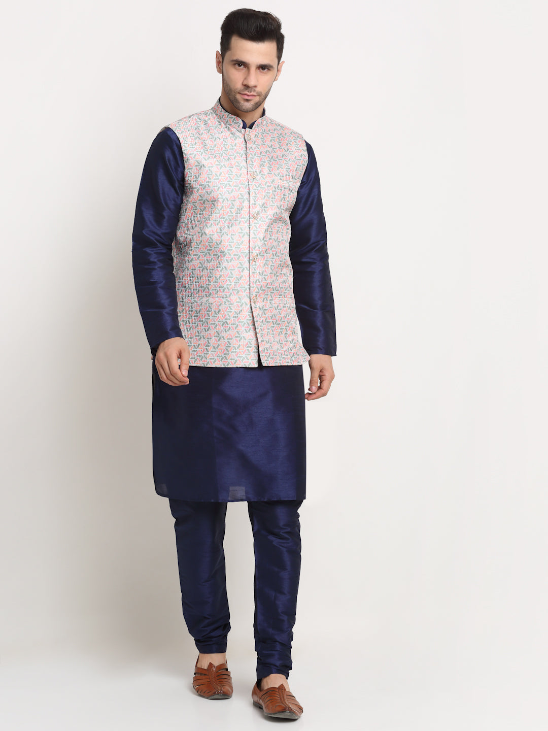 KRAFT INDIA Mens Navy Blue Silk Blend Kurta and churidar with Green embroided Sequenced Nehru jacket