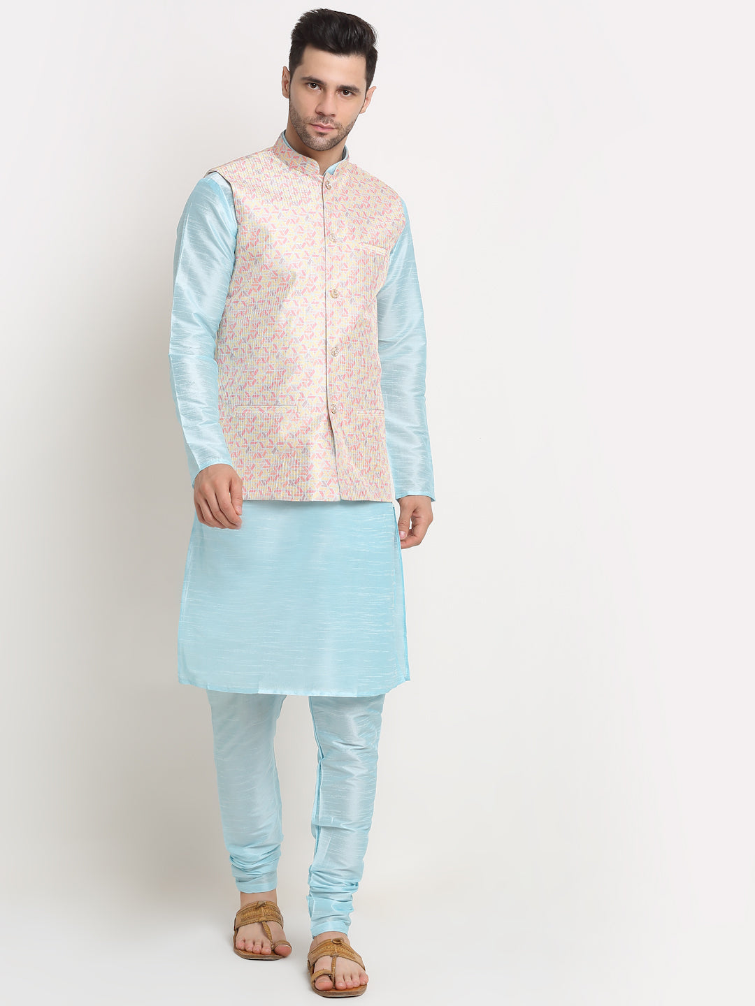 KRAFT INDIA Mens Sky Blue Silk Blend Kurta and churidar with embroided Yellow Nehru jacket