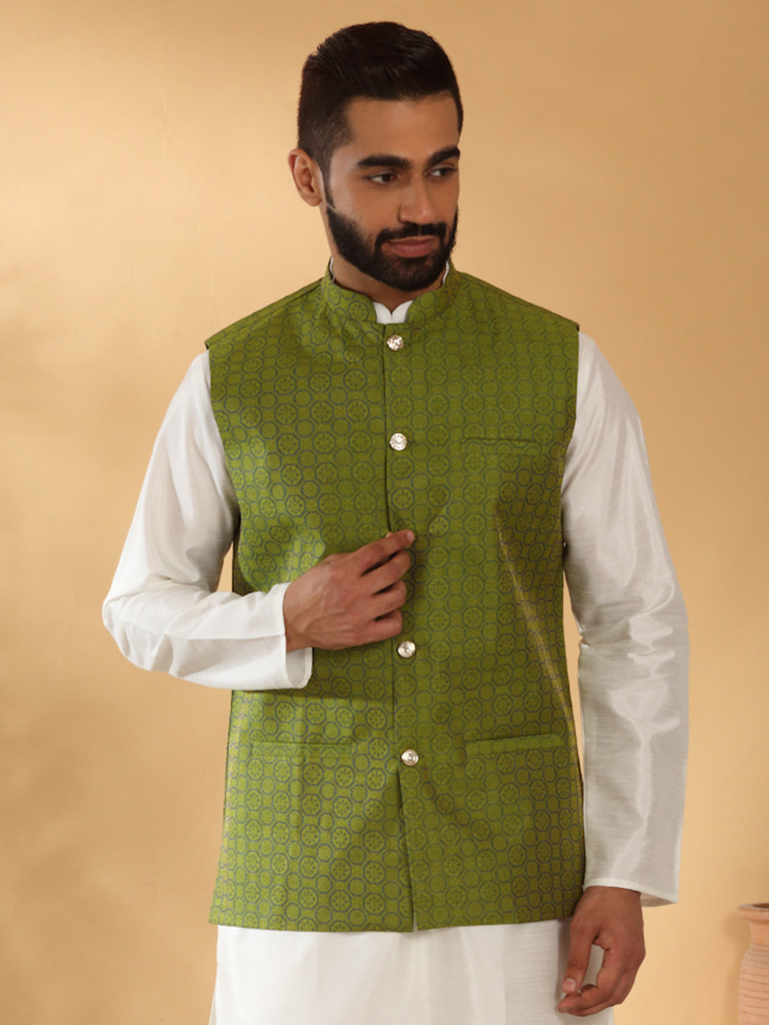 Silk Blend Jacquard Woven Geometric Sleeveless Nehru Jacket