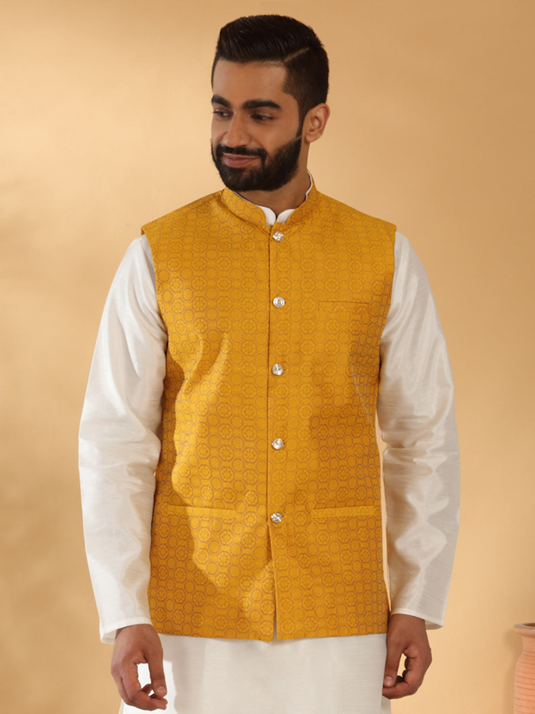 Silk Blend Jacquard Woven Geometric Sleeveless Nehru Jacket