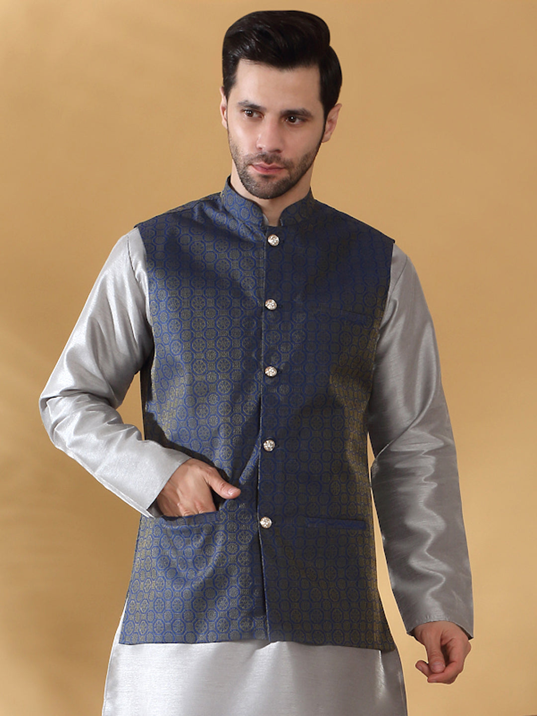 Silk Blend Jacquard Woven Geometric Sleeveless Nehru Jacket