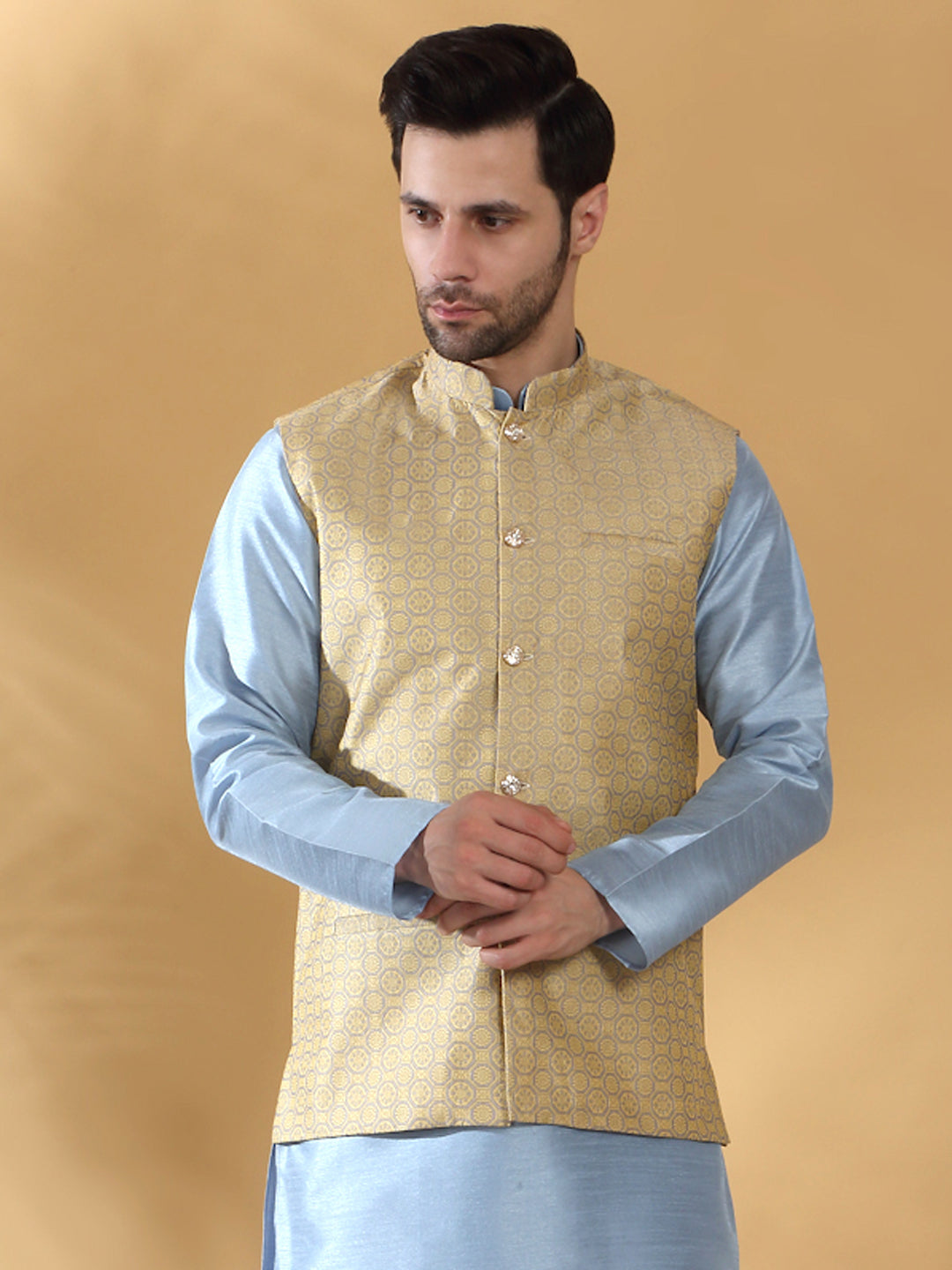 Silk Blend Jacquard Woven Geometric Sleeveless Nehru Jacket