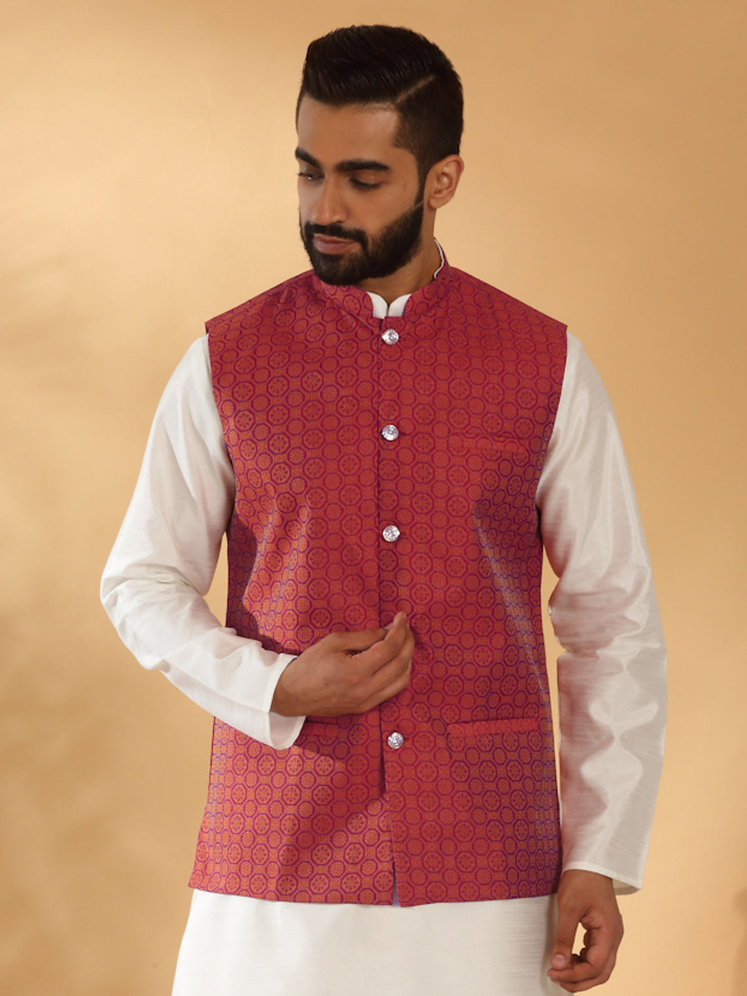 Silk Blend Jacquard Woven Geometric Sleeveless Nehru Jacket