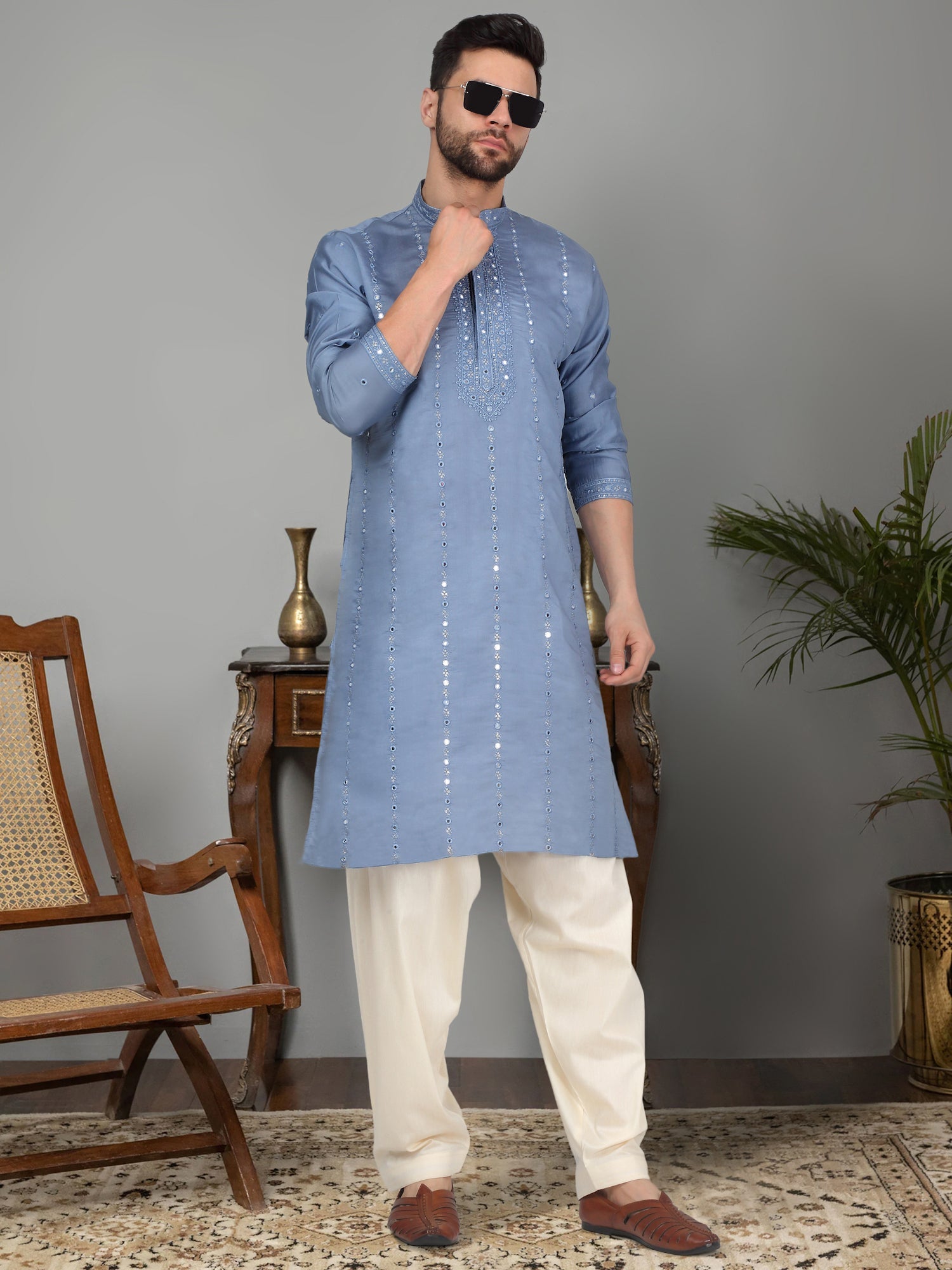LUXE- Cotton Silk Mirror Work Yoke design Long Sleeve Kurta with Elastic Waistband Beige Salwar