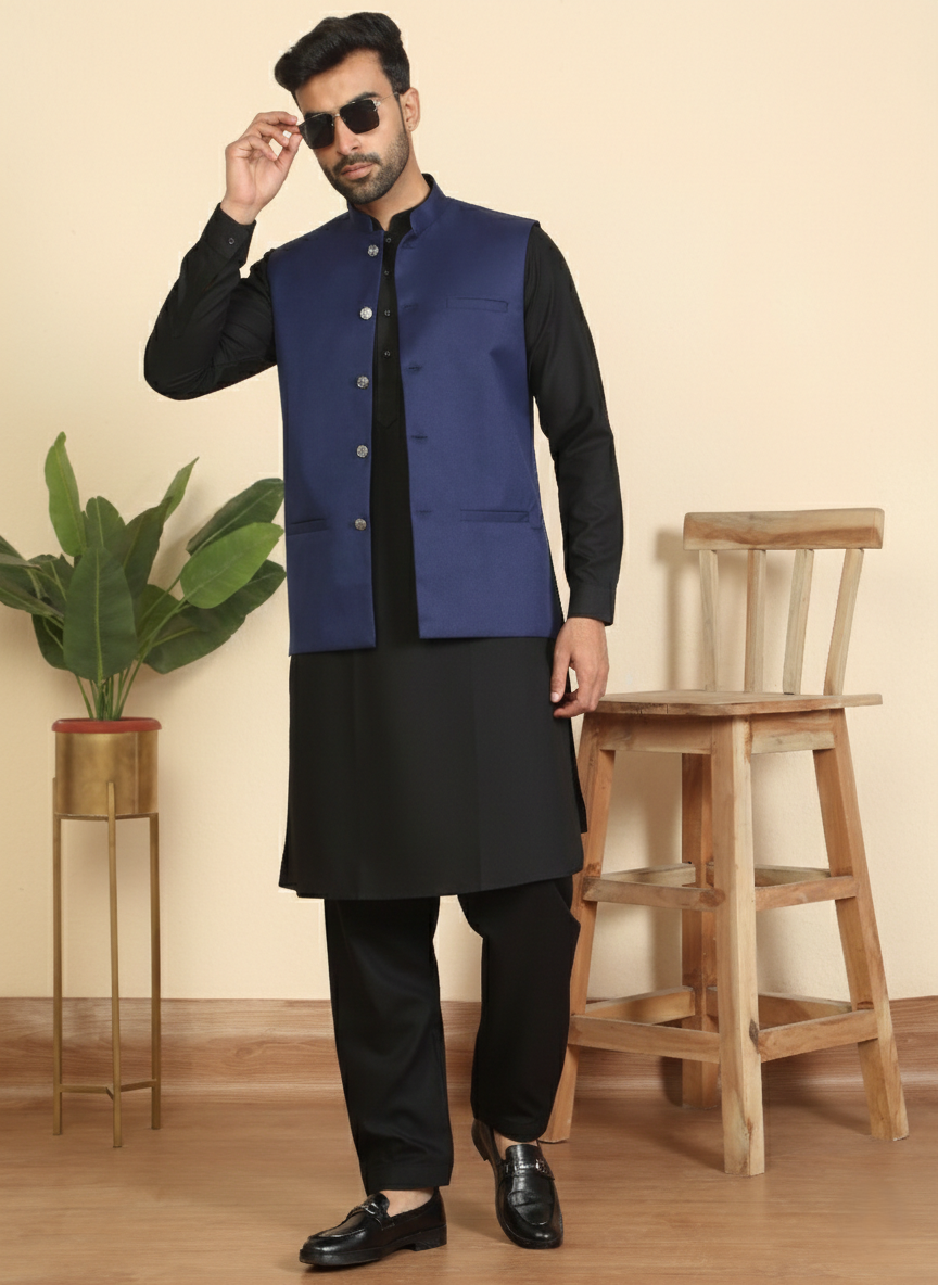 Men Mandarin Collar Pathani Kurta Salwar Set with Solid Twill Nehru Jacket