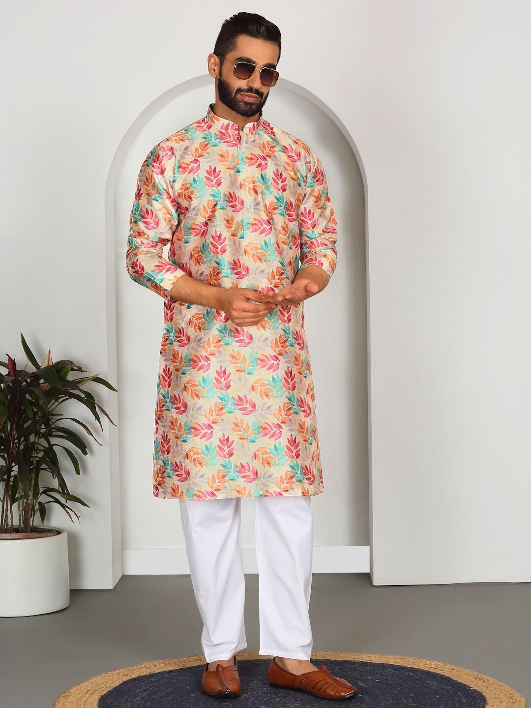 Silk Blend Floral Printed Kurta with white Elastic waistband Pyjama set