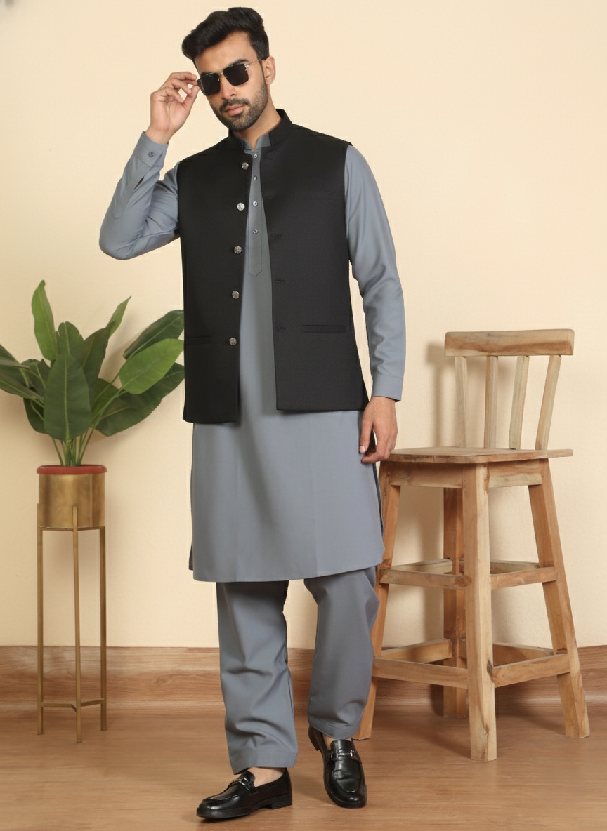 Men Mandarin Collar Pathani Kurta Salwar Set with Solid Twill Nehru Jacket