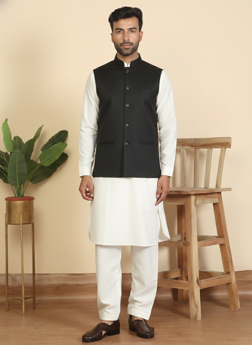 Men Mandarin Collar Pathani Kurta Salwar Set with Solid Twill Nehru Jacket