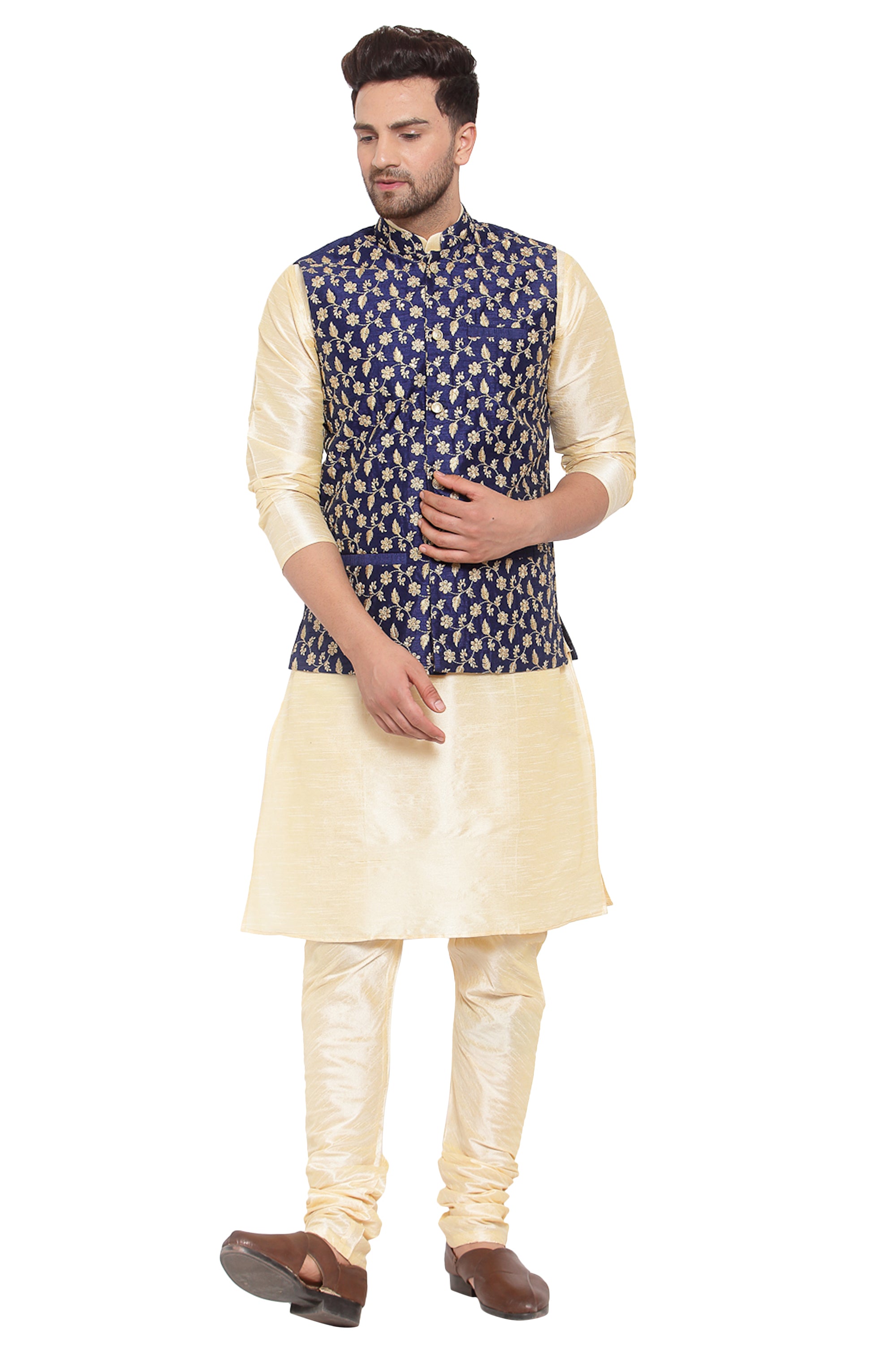 KRAFT INDIA Mens Beige Kurta and churidar with embroided Zari Nehru jacket