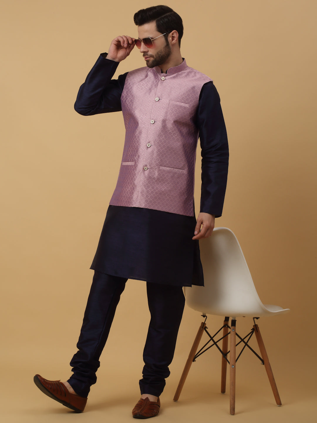 KRAFT INDIA Men's Silk Blend Navy Blue Kurta, Churidar With Silk Blend Geometric Nehru Jacket set