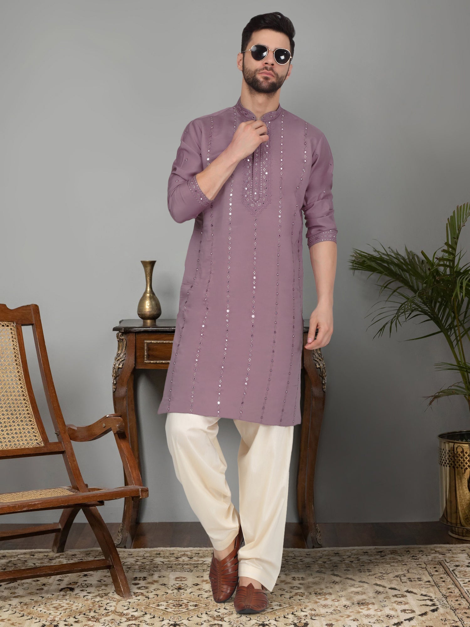 LUXE- Cotton Silk Mirror Work Yoke design Long Sleeve Kurta with Elastic Waistband Beige Salwar
