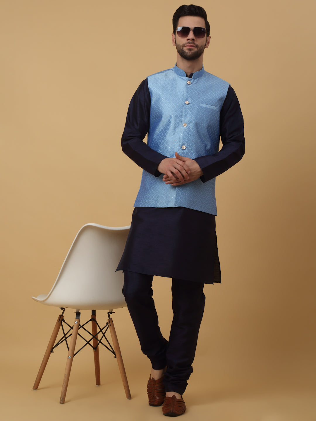 KRAFT INDIA Men's Silk Blend Navy Blue Kurta, Churidar With Silk Blend Geometric Nehru Jacket set