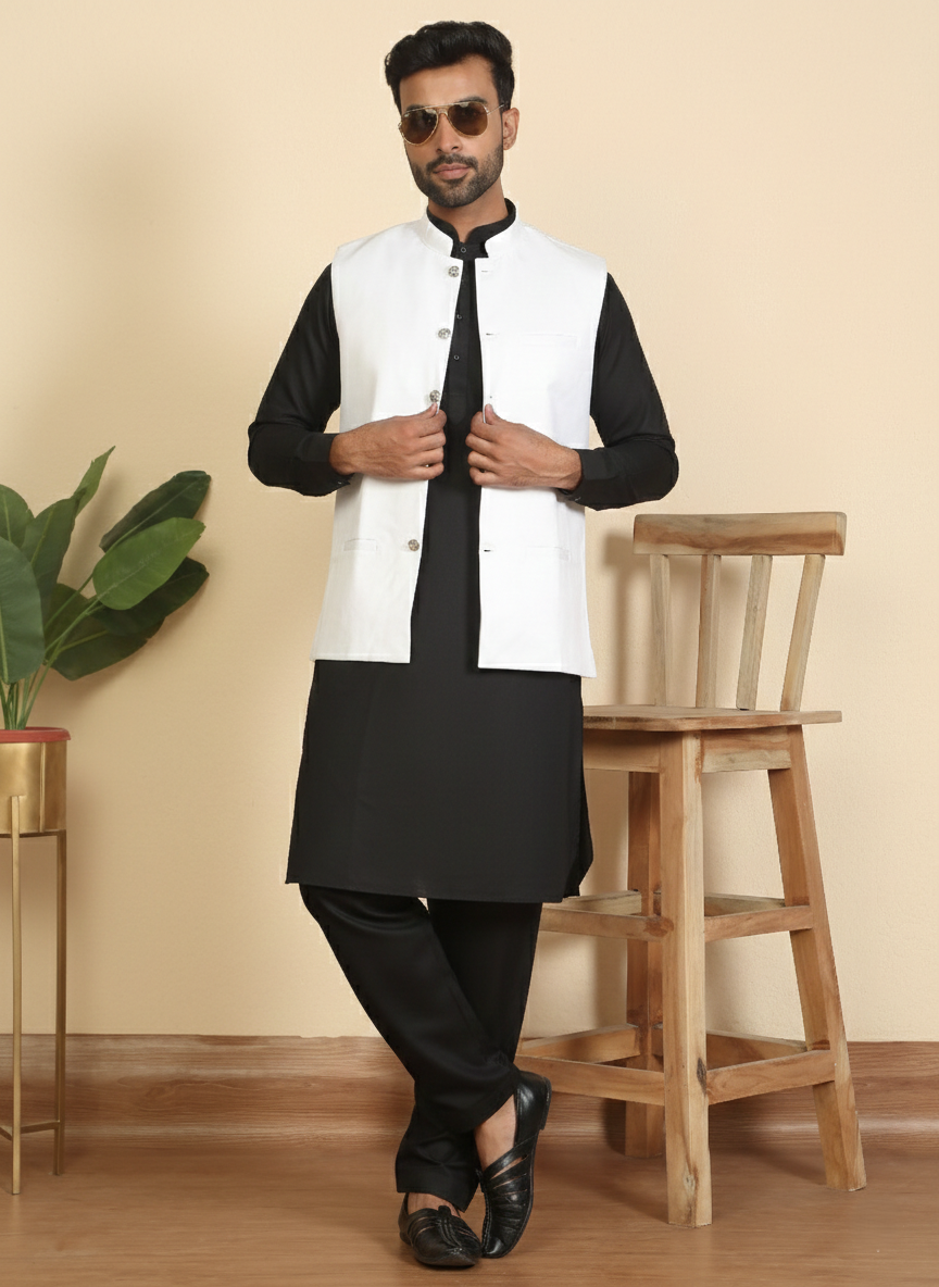 Men Mandarin Collar Pathani Kurta Salwar Set with Solid Twill Nehru Jacket